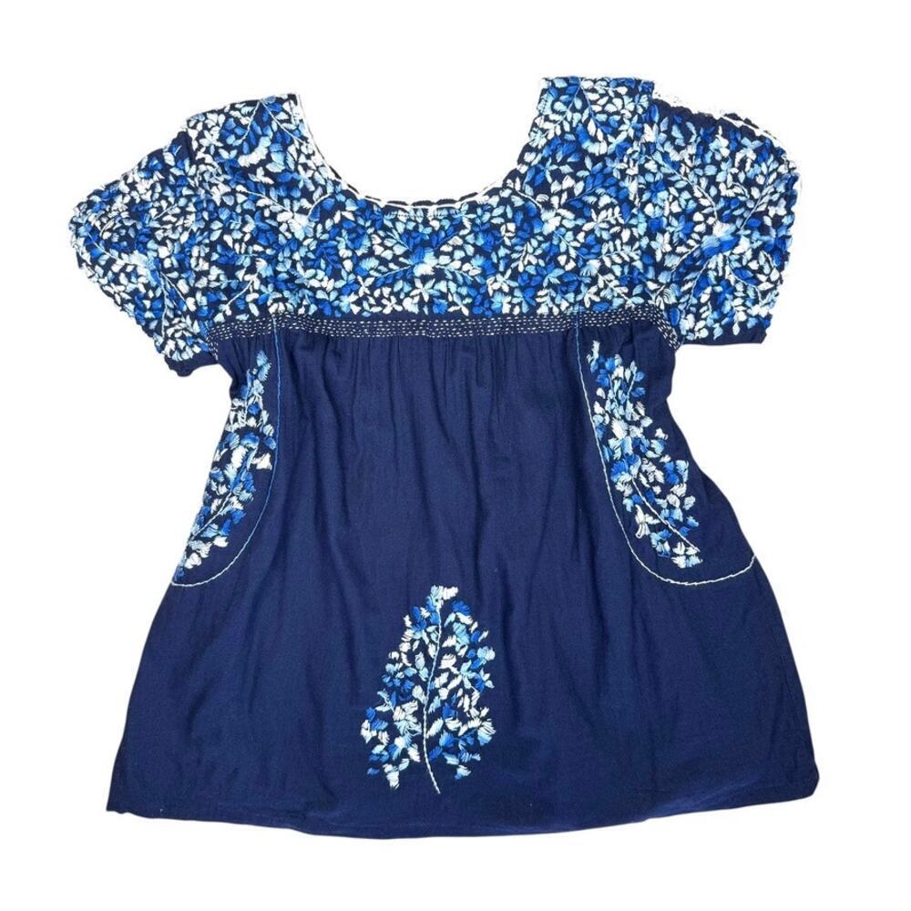Roberta Roller Rabbit Mamie Embroidered Oaxacan Style Blue Blouse Top XS